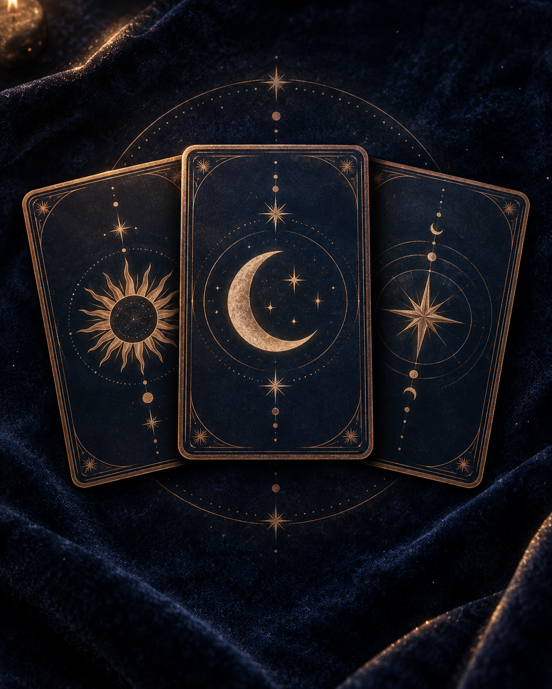 Lacivert kadife üzerinde ay ve yıldız desenli üç tarot kartı